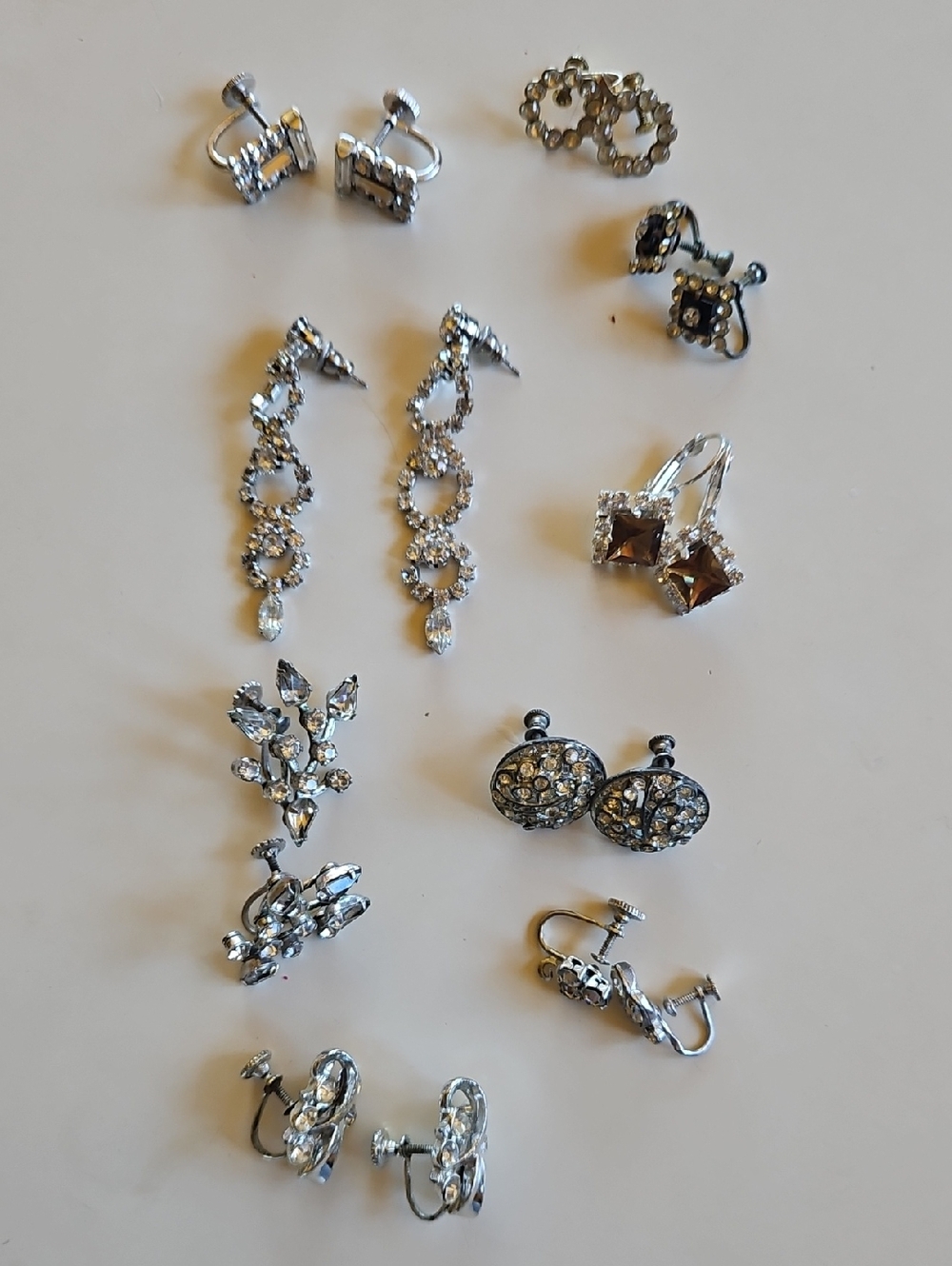 9 Pairs of Silver-Tone Rhinestone Earrings Lot - 2 Pierced 7 Pairs Screw On